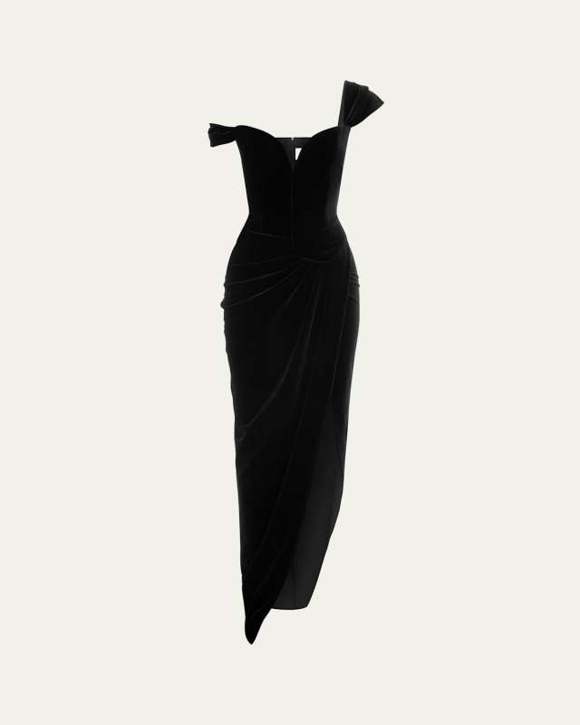 Velvet Off-Shoulder Corset Drape Front Gown